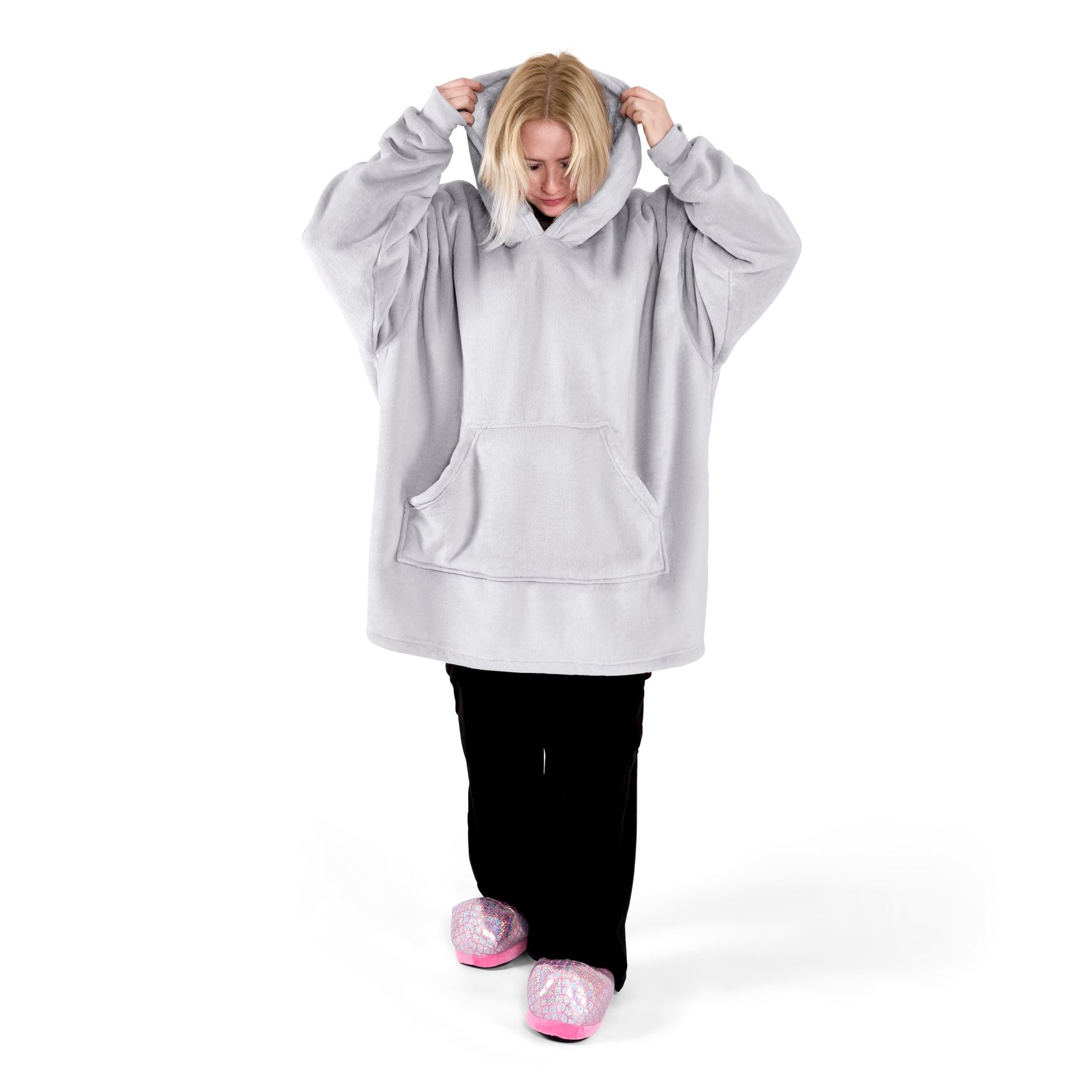 Oversized Sherpa Fleece Hoodie Blanket - Silver - Bargainia.com - 