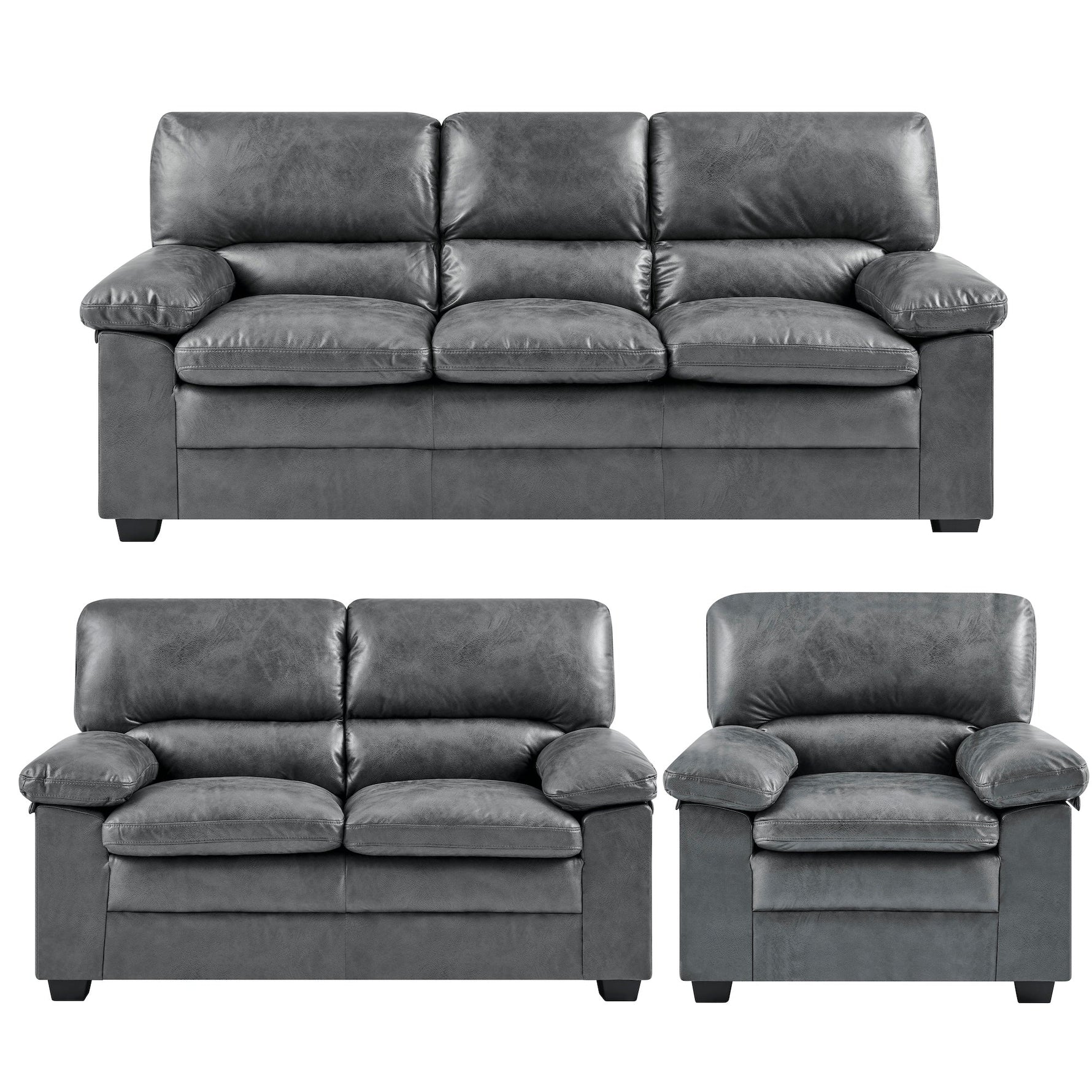 Oxford Faux Leather Sofa Suite - Slate Grey - Bargainia.com - 5056536109507