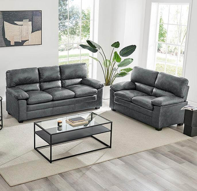Oxford Faux Leather Sofa Suite - Slate Grey - Bargainia.com - 5056536109507