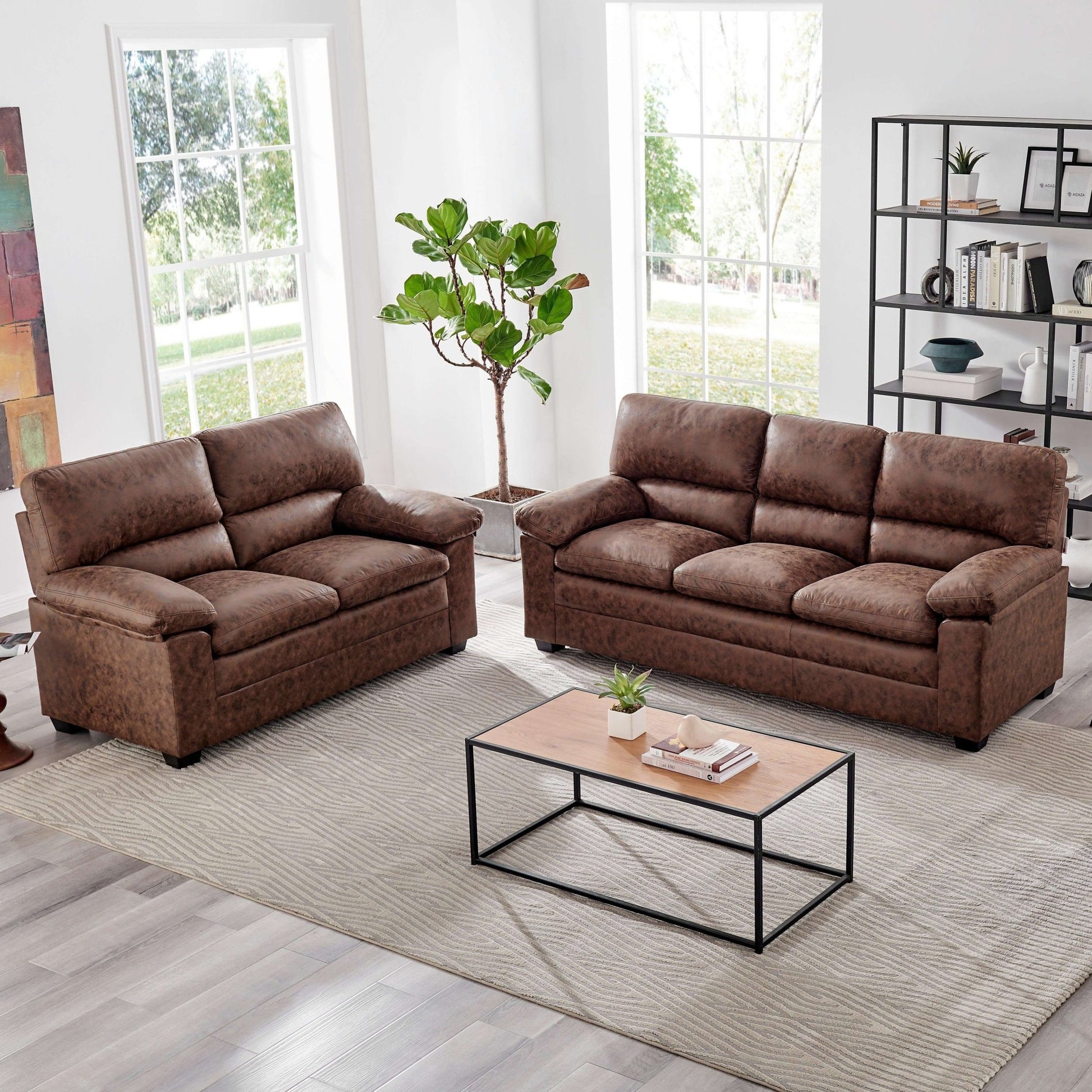 Oxford Sofa Suite Faux Leather - Walnut Brown Bargainia 2 & 3 Seater Set
