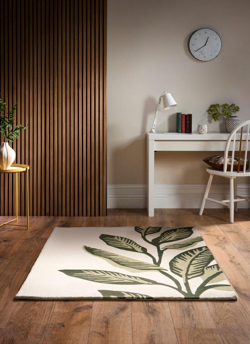 Paradise Leaf Hand - Tufted Wool Rug – Cream/Green - Bargainia.com - 