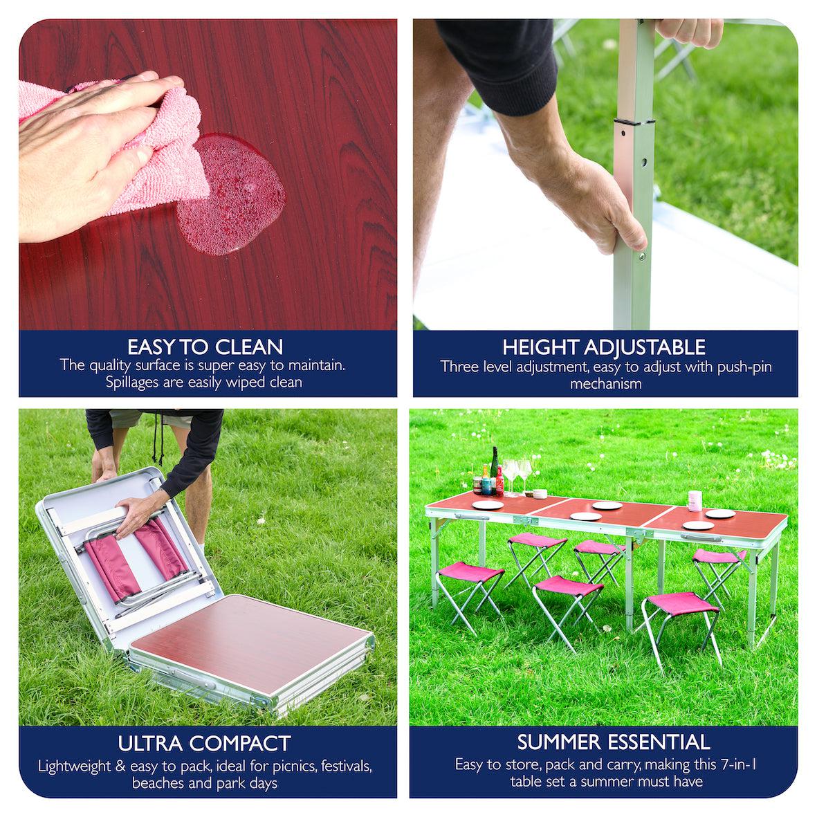 Picnic Folding Camping Table with 6 Chairs - Red Oak Clearance