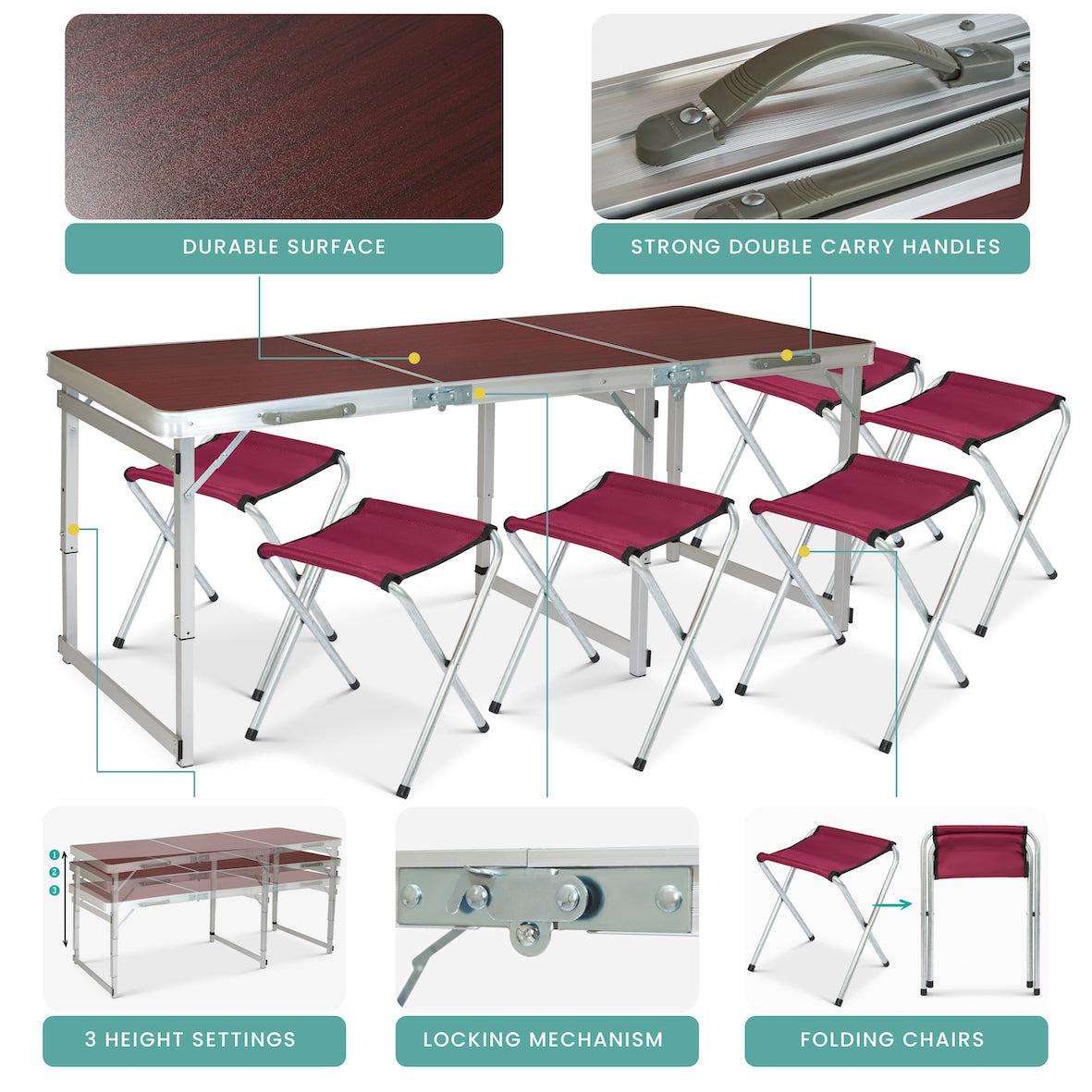 Picnic Folding Camping Table with 6 Chairs - Red Oak Clearance