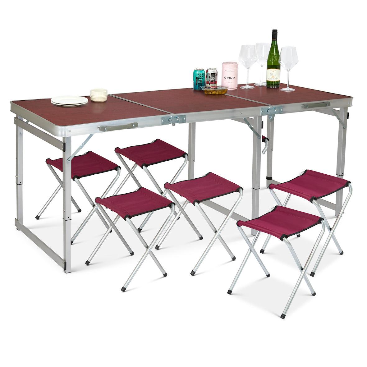 Picnic Folding Camping Table with 6 Chairs - Red Oak Clearance