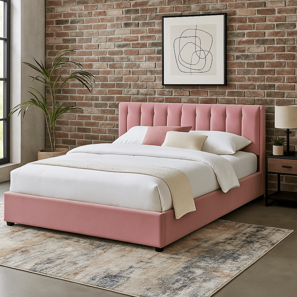 Pink Velvet Plush Ottoman Storage Bed Frame - Double - Bargainia.com - 