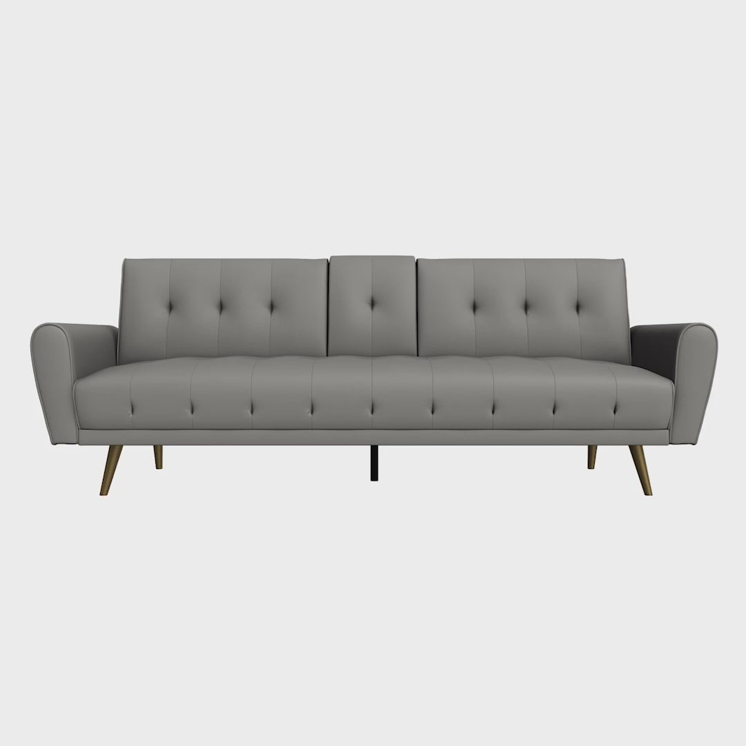 Load video: Lora Sofa Bed 3 Seater Faux Leather Click Clack with 2 Cup Holders - Grey Bargainia
