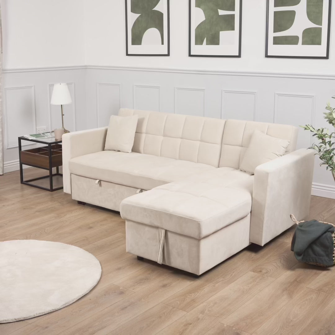 Milo Grey Corner Sofa Bed with Storage - Velvet Sofa Bed & Pull Out Bed