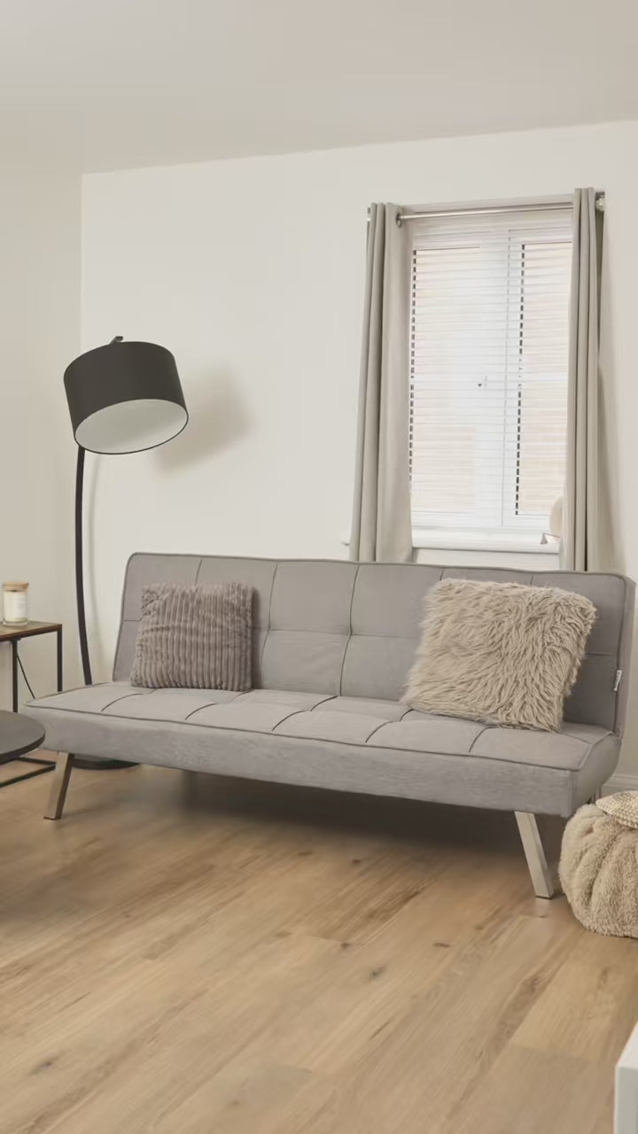 Britney Black Click Clack Sofa Bed, 3 Seater Linen Blend Fabric Settee, Converts to Double Bed, Chrome Legs