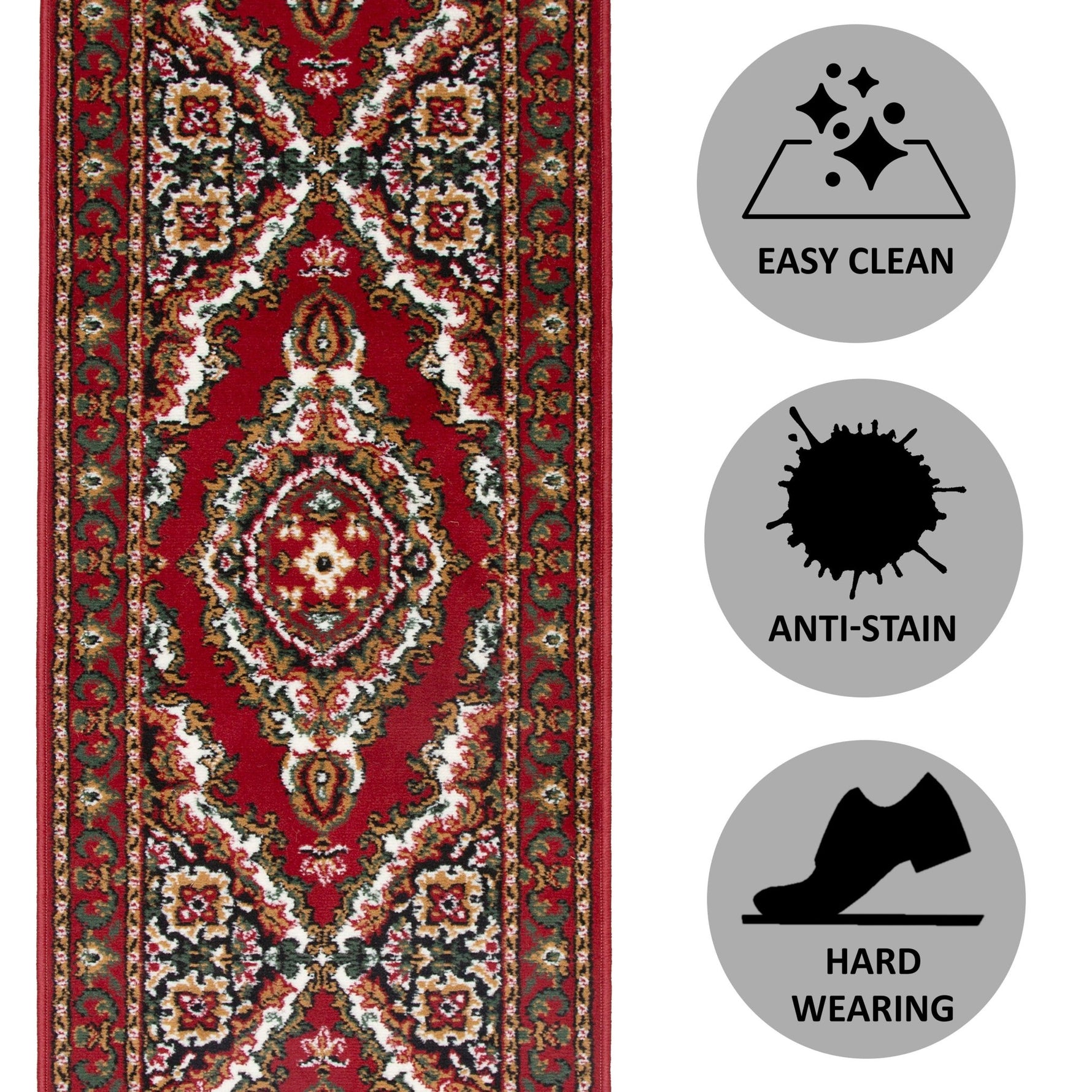 Red & Cream Traditional Medallion Hard Wearing Runner Mat - Texas - Bargainia.com - 