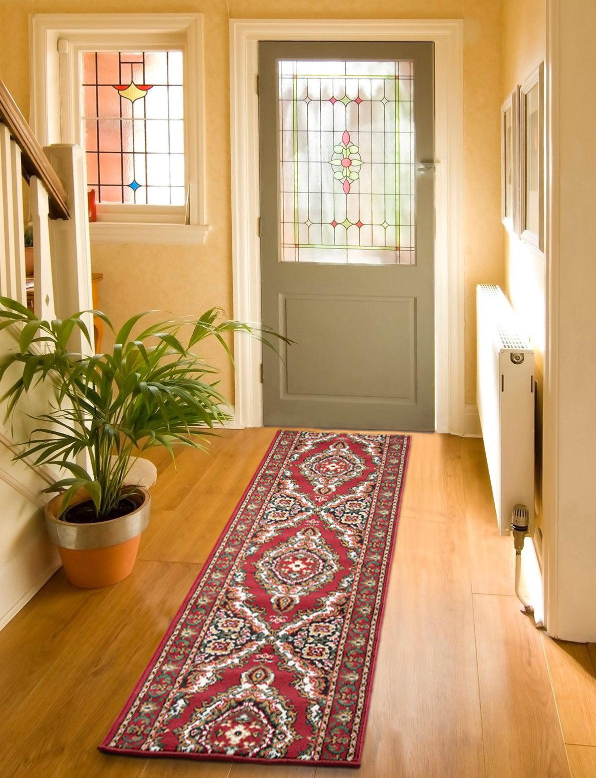 Red & Cream Traditional Medallion Hard Wearing Runner Mat - Texas - Bargainia.com - 
