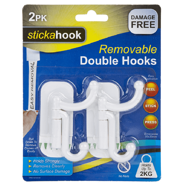 Stickahook Removable Double White Hooks - Pack of 2-5050565395276-Bargainia.com
