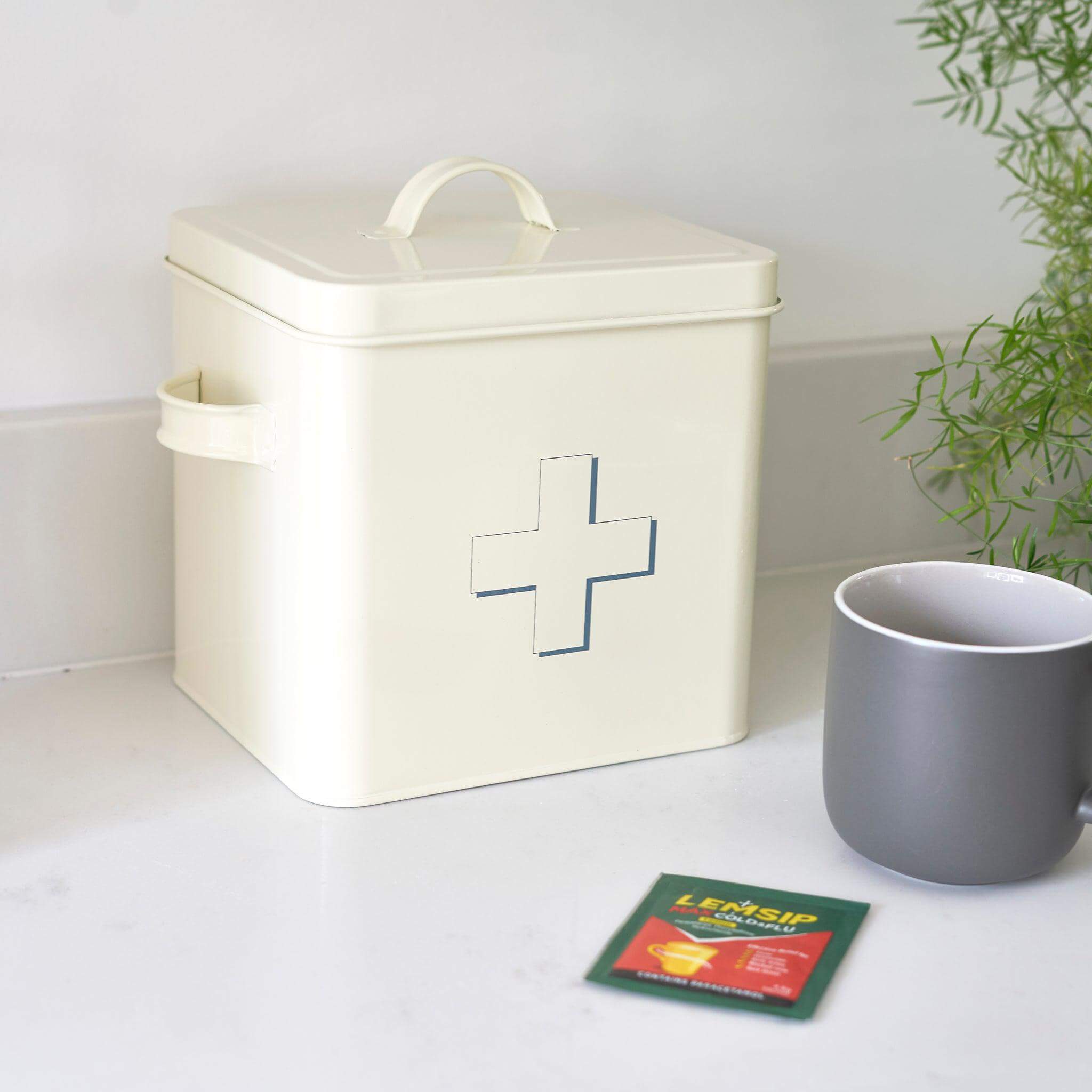 Retro First Aid Box Storage Container Enamelled Tin Grey or Cream Storage & Organization Clearance