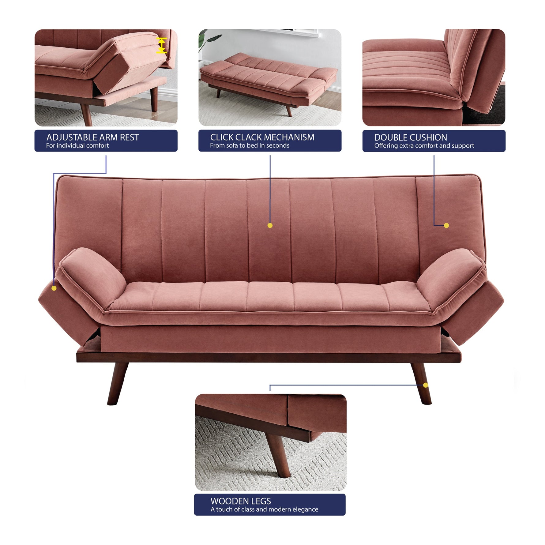Rose Pink Velvet 3 Seater Sofa Bed - Mondaine - Bargainia.com - 