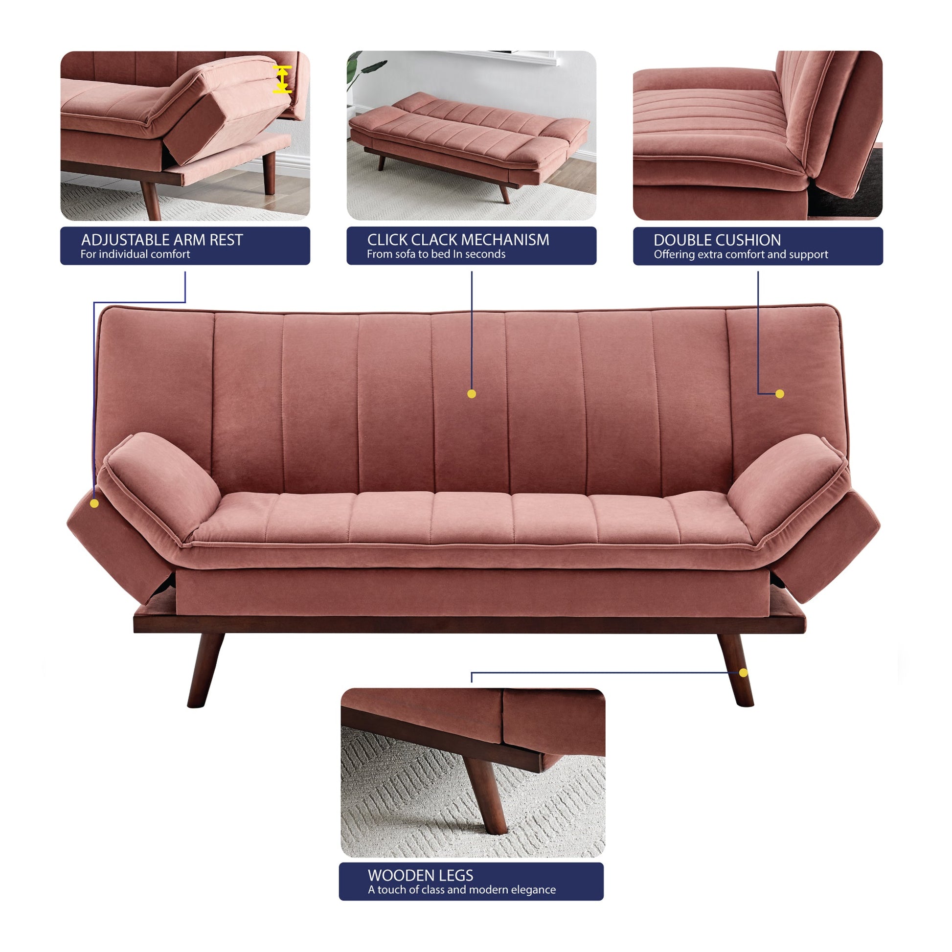 Rose Pink Velvet 3 Seater Sofa Bed - Mondaine Sofas Bargainia