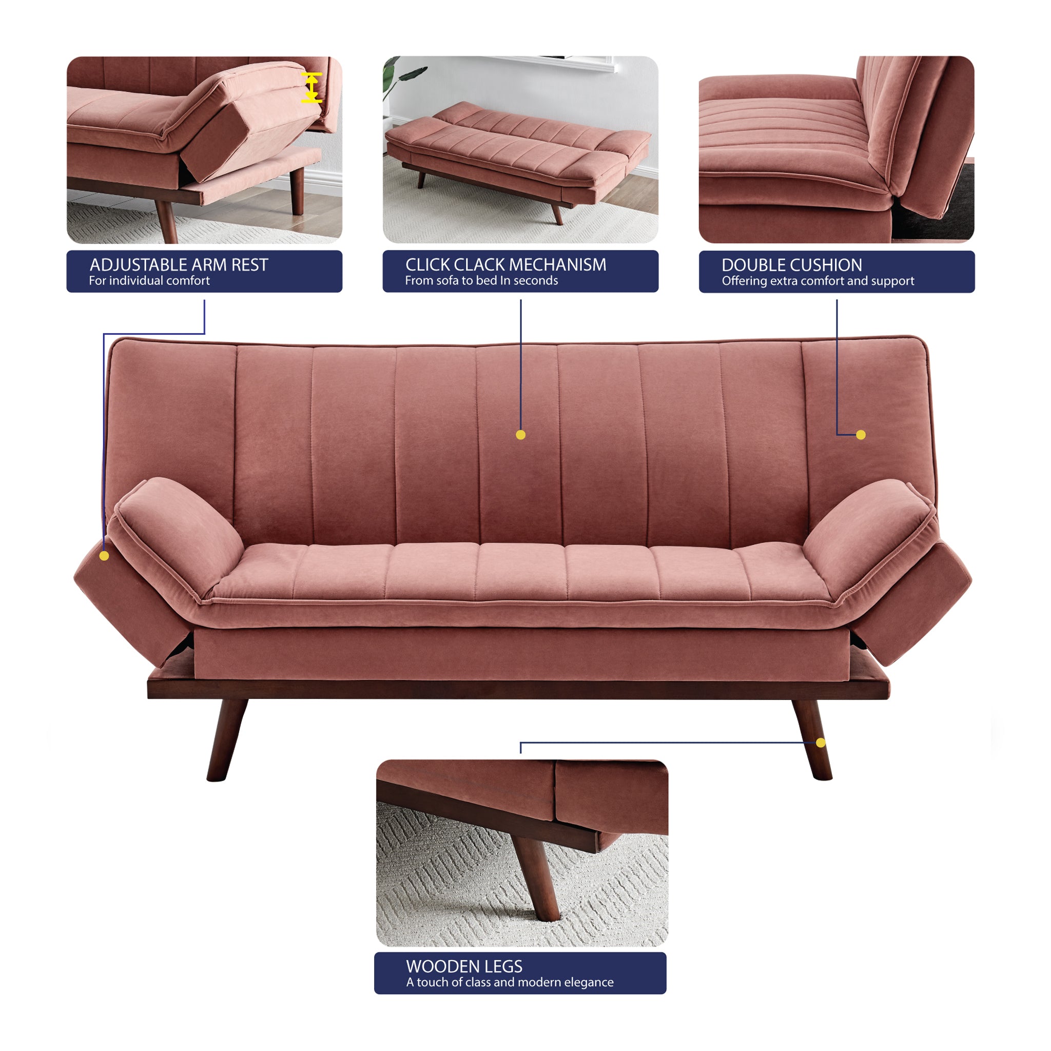 Rose Pink Velvet 3 Seater Sofa Bed - Mondaine Sofas Bargainia