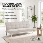 Britney Beige Click Clack Sofa Bed, 3 Seater Linen Blend Fabric Settee, Converts to Double Bed, Chrome Legs