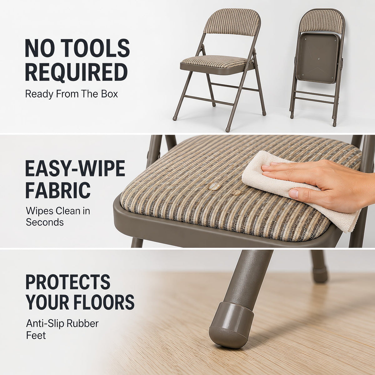 Padded Fabric Folding Chair, Grey Beige Foldable Dining and Desk Chair with Tubular Steel Frame, No Assembly
