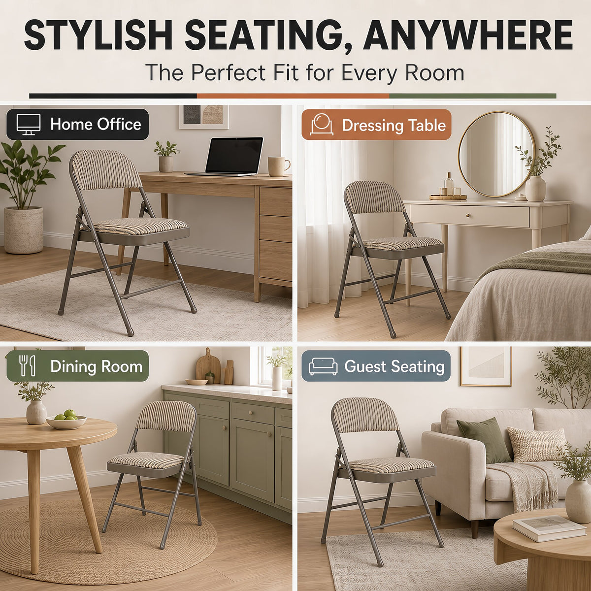 Padded Fabric Folding Chair, Grey Beige Foldable Dining and Desk Chair with Tubular Steel Frame, No Assembly