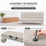Britney Beige Click Clack Sofa Bed, 3 Seater Linen Blend Fabric Settee, Converts to Double Bed, Chrome Legs