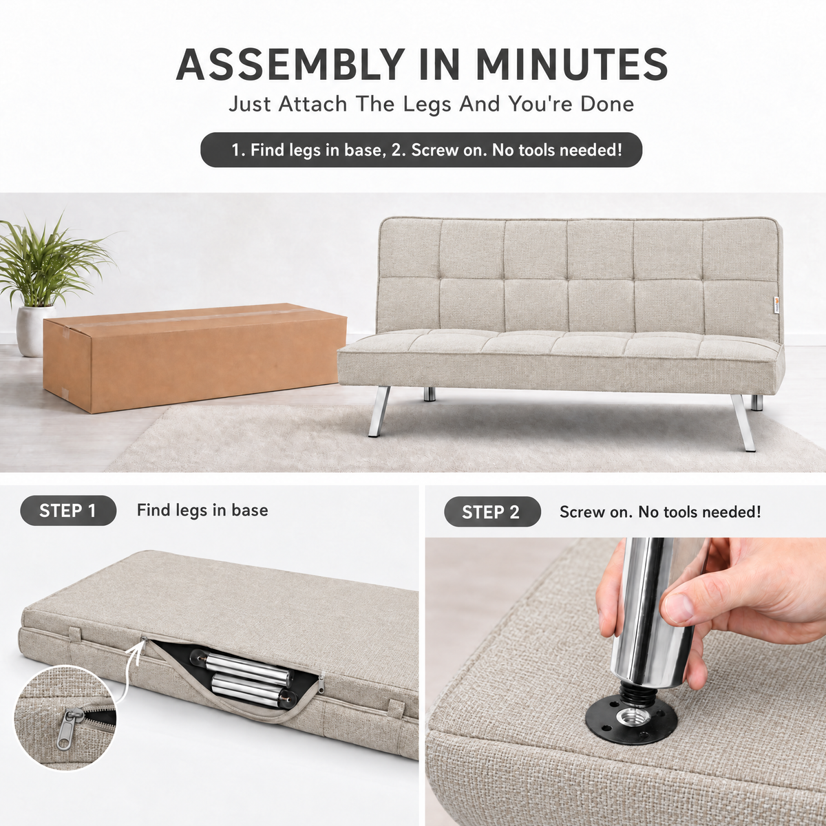 Britney Beige Click Clack Sofa Bed, 3 Seater Linen Blend Fabric Settee, Converts to Double Bed, Chrome Legs
