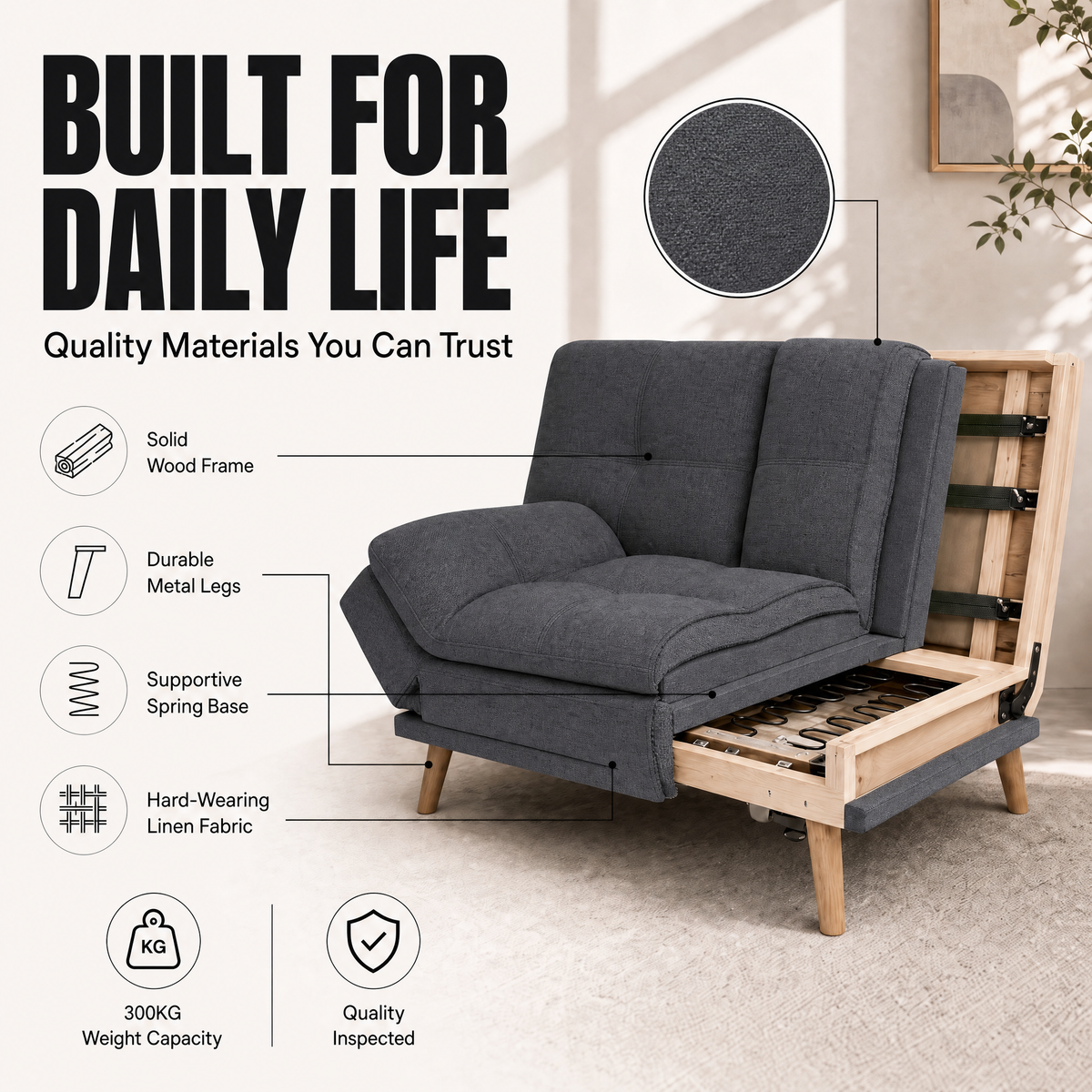 Soho Click Clack Sofa Bed, Dark Grey Linen Blend 3 Seater 4-in-1 Convertible Sofa with Drinks Table and Cup Holders