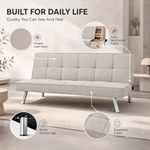 Britney Beige Click Clack Sofa Bed, 3 Seater Linen Blend Fabric Settee, Converts to Double Bed, Chrome Legs