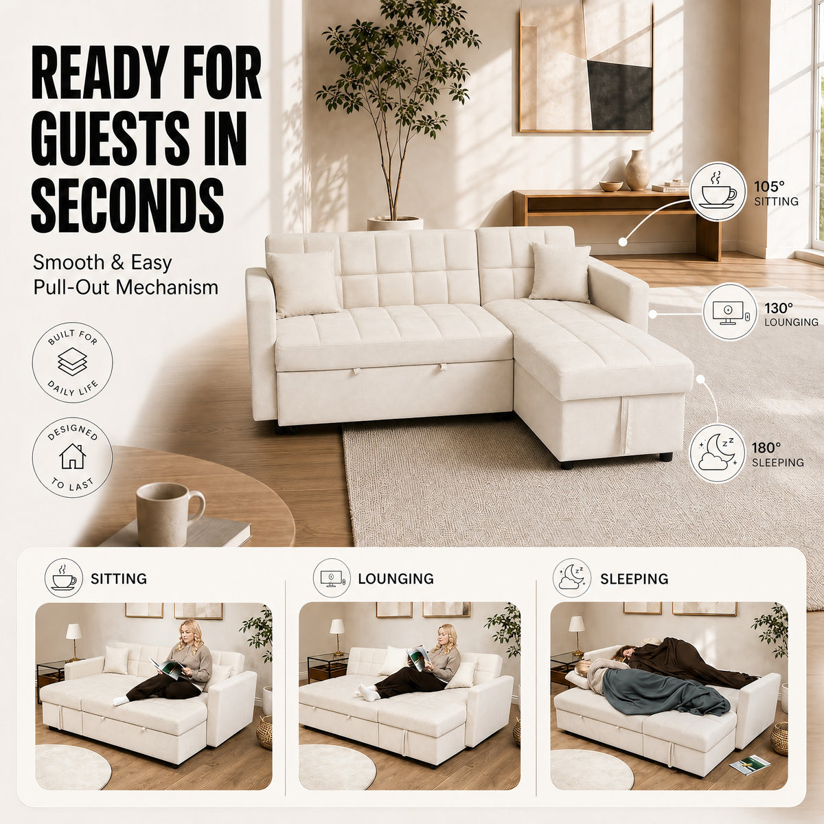 Milo Cream Corner Sofa Bed with Storage - Velvet Sofa Bed & Pull Out Bed
