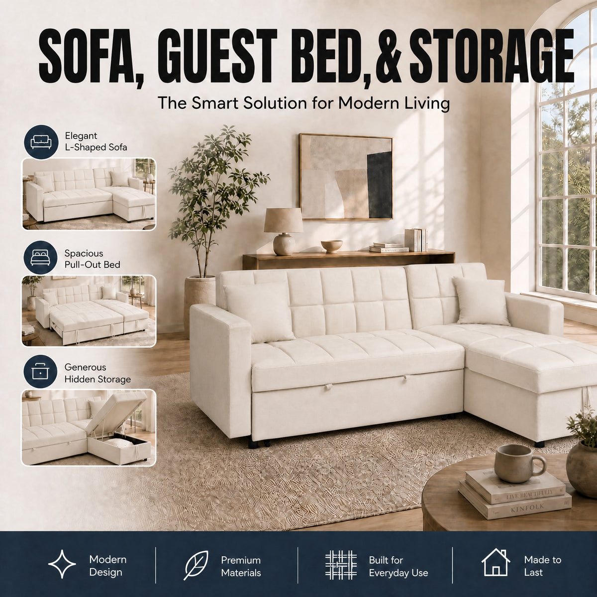 Milo Cream Corner Sofa Bed with Storage - Velvet Sofa Bed & Pull Out Bed