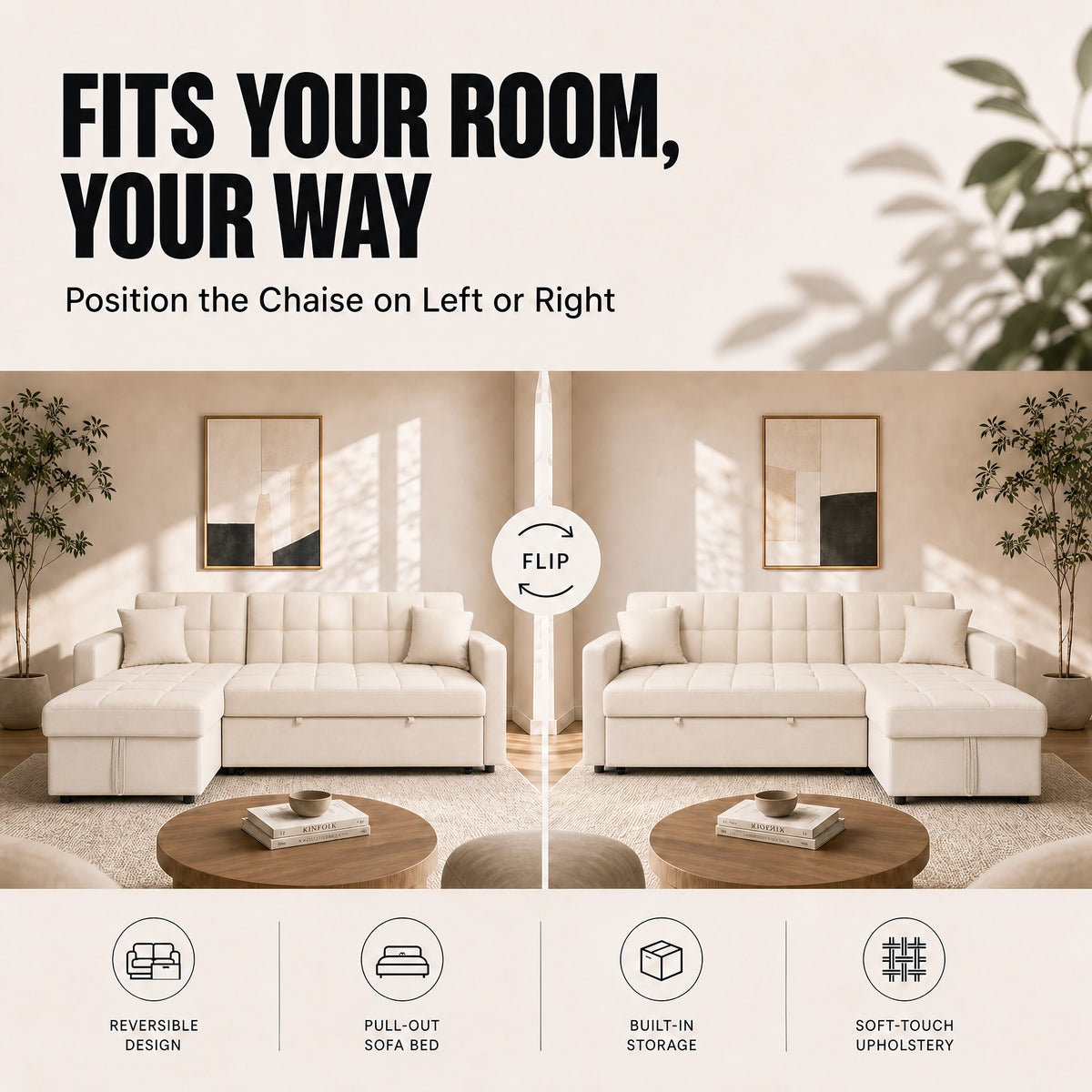 Milo Cream Corner Sofa Bed with Storage - Velvet Sofa Bed & Pull Out Bed