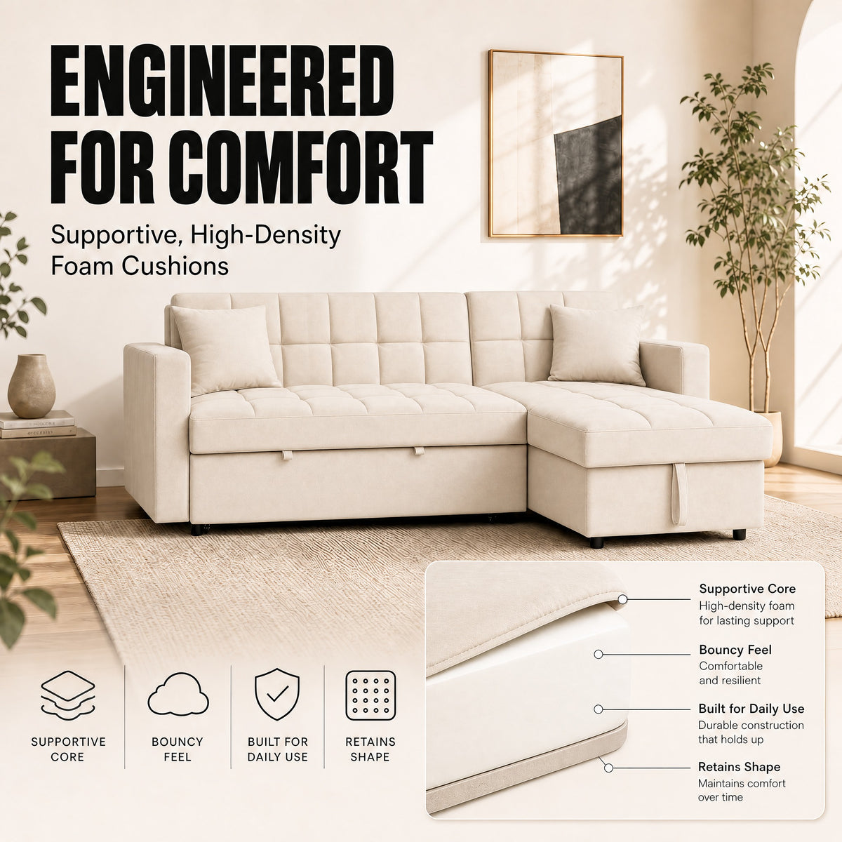 Milo Cream Corner Sofa Bed with Storage - Velvet Sofa Bed & Pull Out Bed