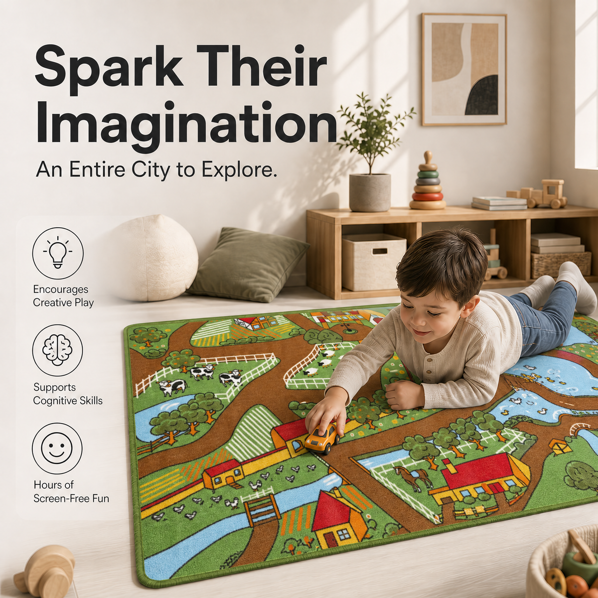 Farm Play Mat Nursery Play Room Non Slip Rug
