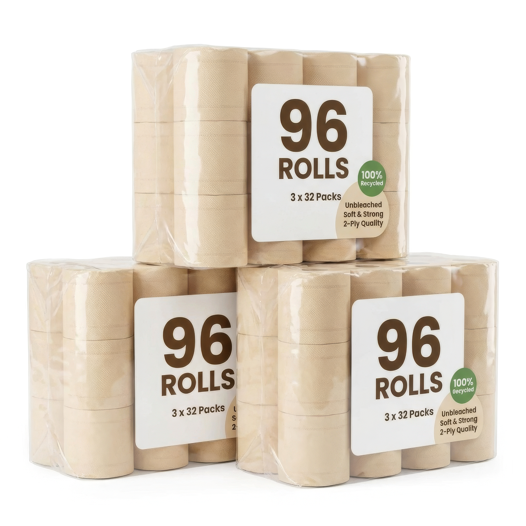 Natural 2 Ply Toilet Paper, 96 Rolls (3 x 32), 100% Recycled Cellulose, Unbleached, Eco-Friendly
