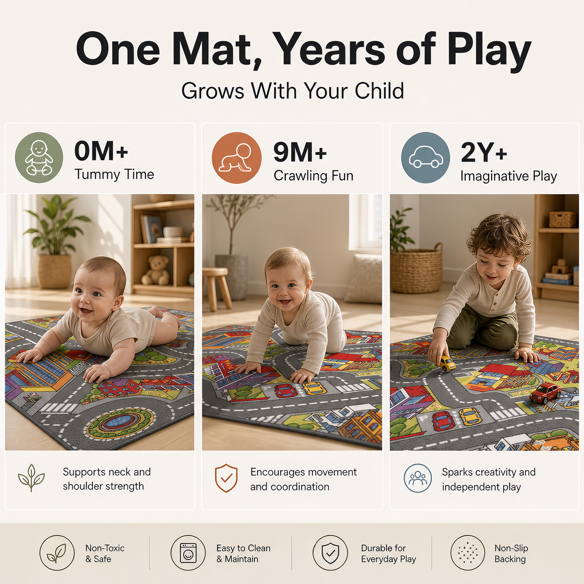 Big City Play Mat, Multicolour Kids Road Rug with Roads, Roundabouts and Parks, Non-Slip Car Play Mat for Playroom