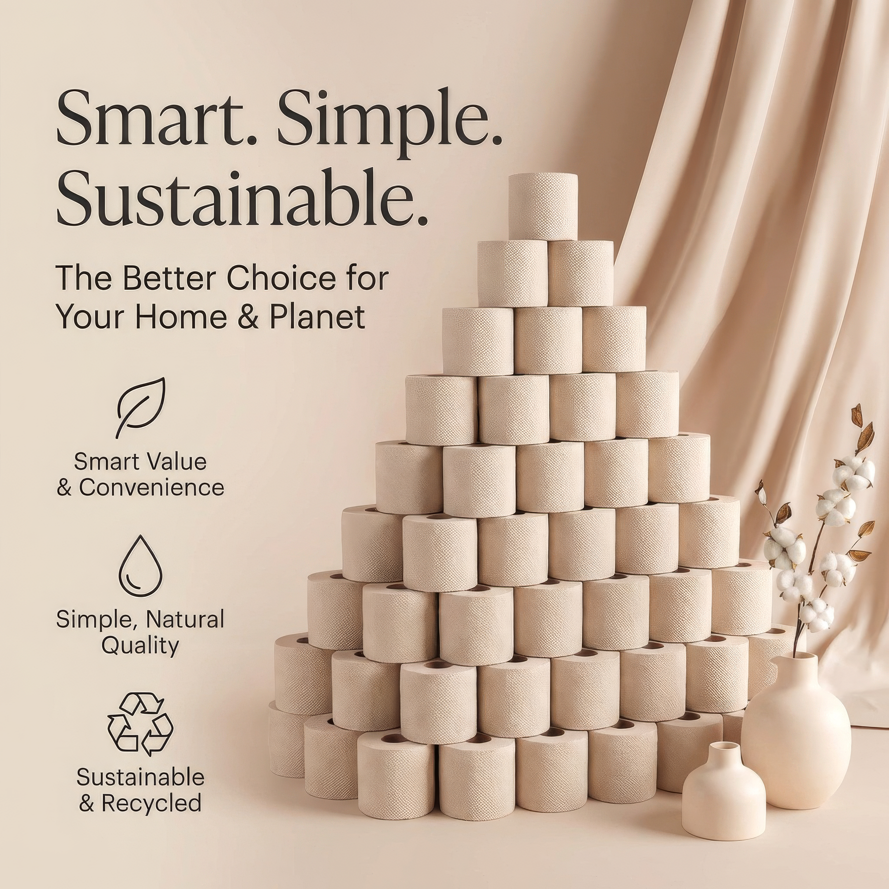 Natural 2 Ply Toilet Paper, 96 Rolls (3 x 32), 100% Recycled Cellulose, Unbleached, Eco-Friendly