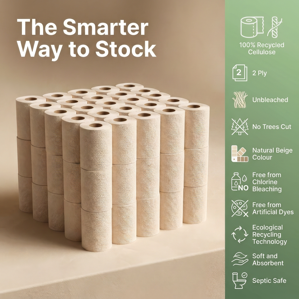 Natural 2 Ply Toilet Paper, 96 Rolls (3 x 32), 100% Recycled Cellulose, Unbleached, Eco-Friendly