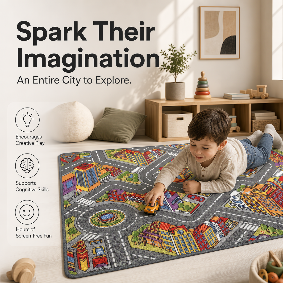 Big City Play Mat, Multicolour Kids Road Rug with Roads, Roundabouts and Parks, Non-Slip Car Play Mat for Playroom
