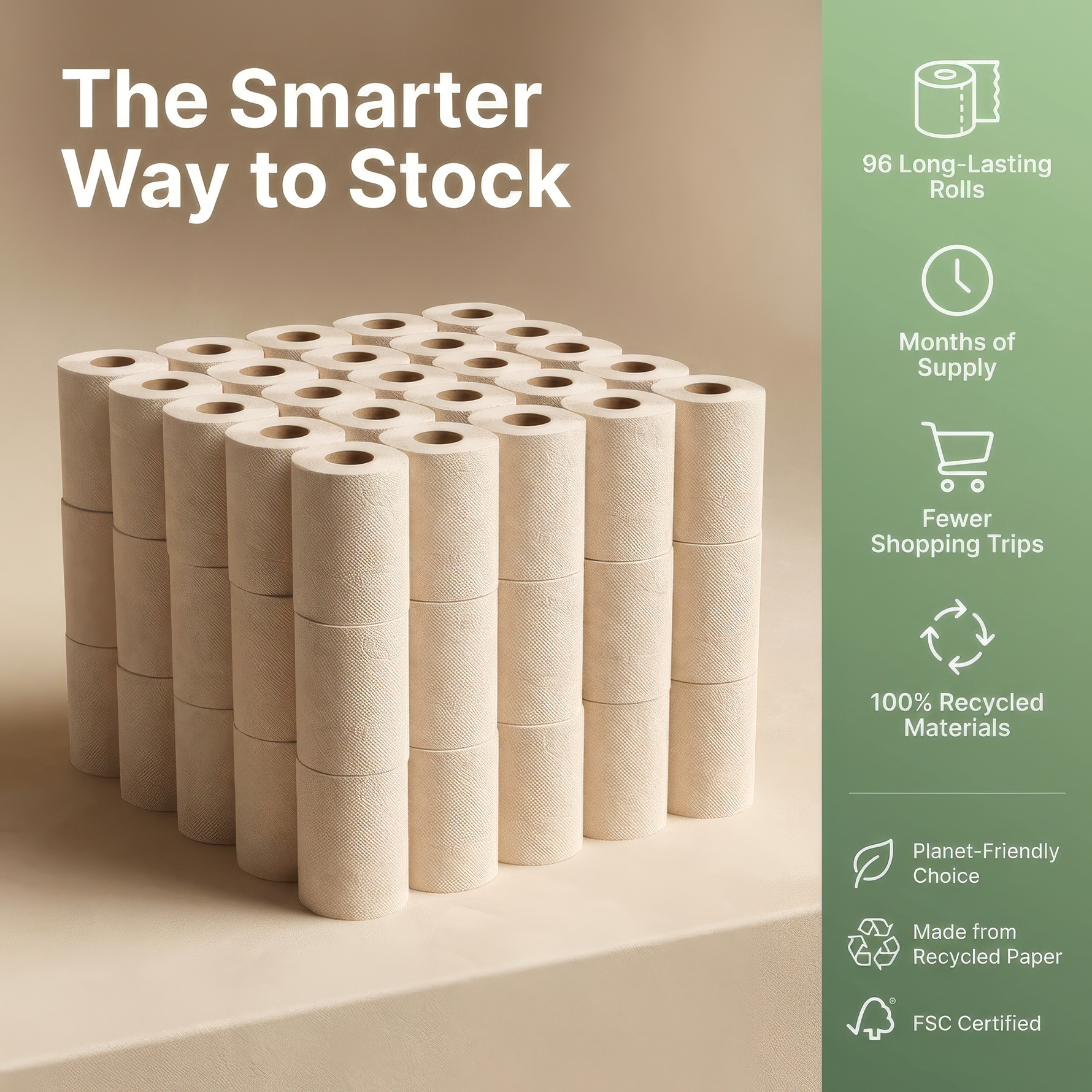 Natural 2 Ply Toilet Paper, 96 Rolls (3 x 32), 100% Recycled Cellulose, Unbleached, Eco-Friendly