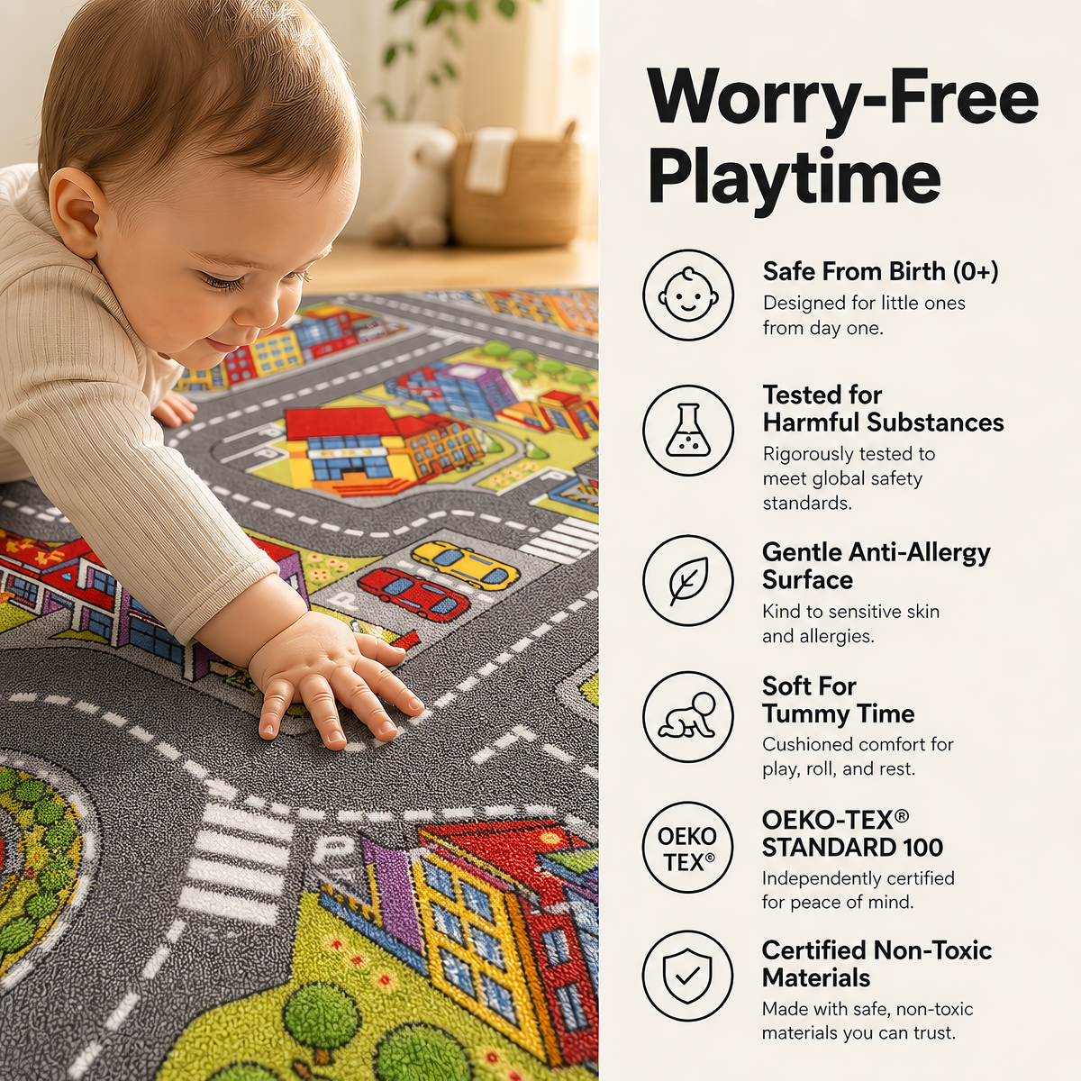 Big City Play Mat, Multicolour Kids Road Rug with Roads, Roundabouts and Parks, Non-Slip Car Play Mat for Playroom