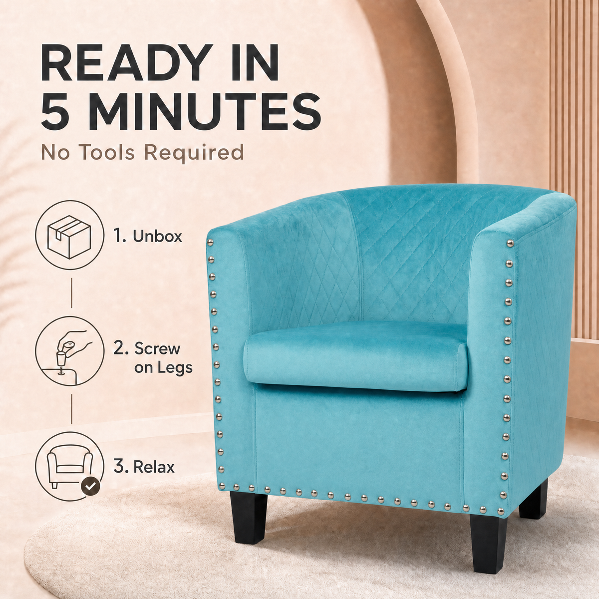 Stilo Light Blue Velvet Tub Chair, Compact Accent Armchair with Tufted Back for Bedroom, Dressing Table or Living Room
