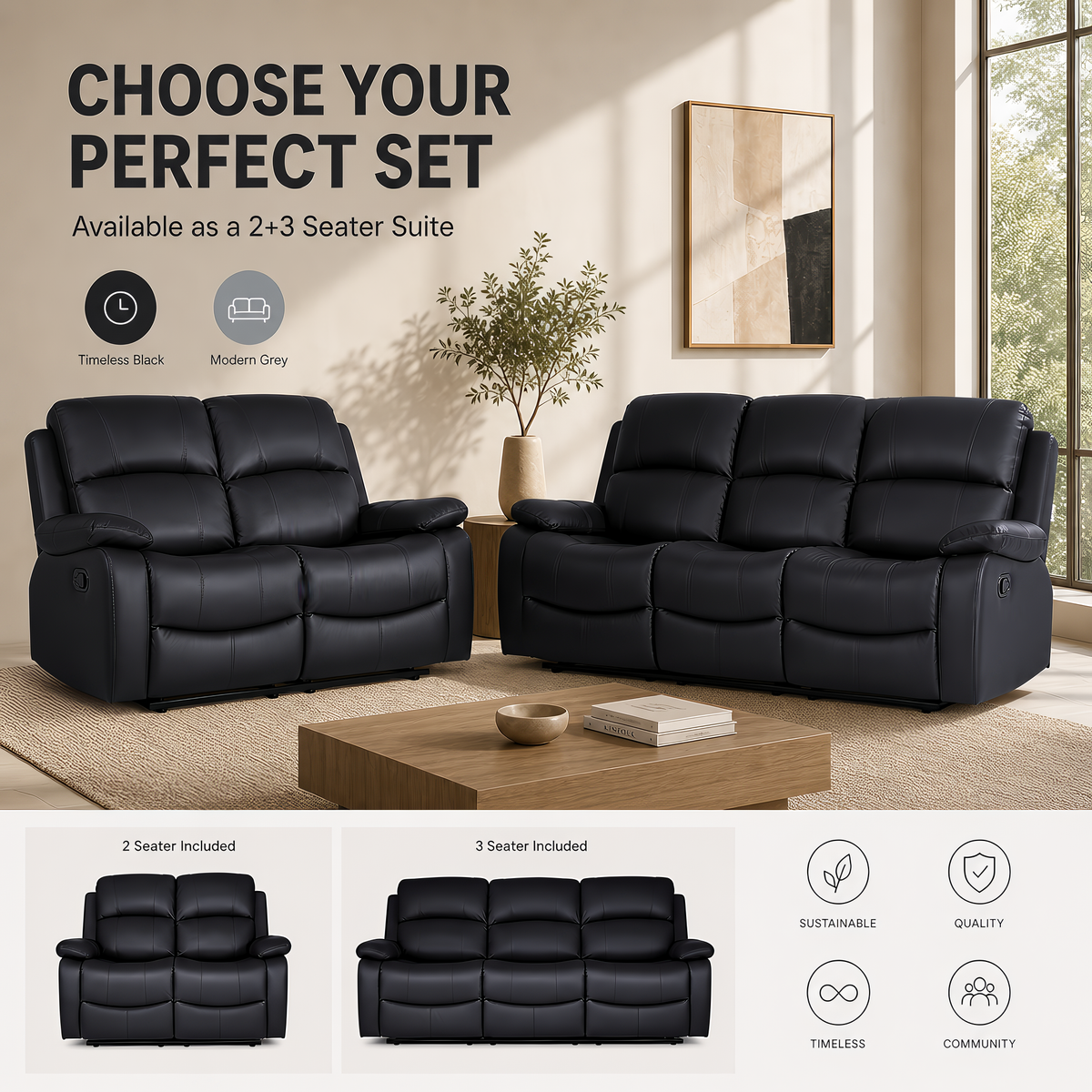 Recliner Sofa Set 2 and 3 Seater, Black Faux Leather, Manual Reclining Sofas with Footrests, Seats 5, Steel Frame