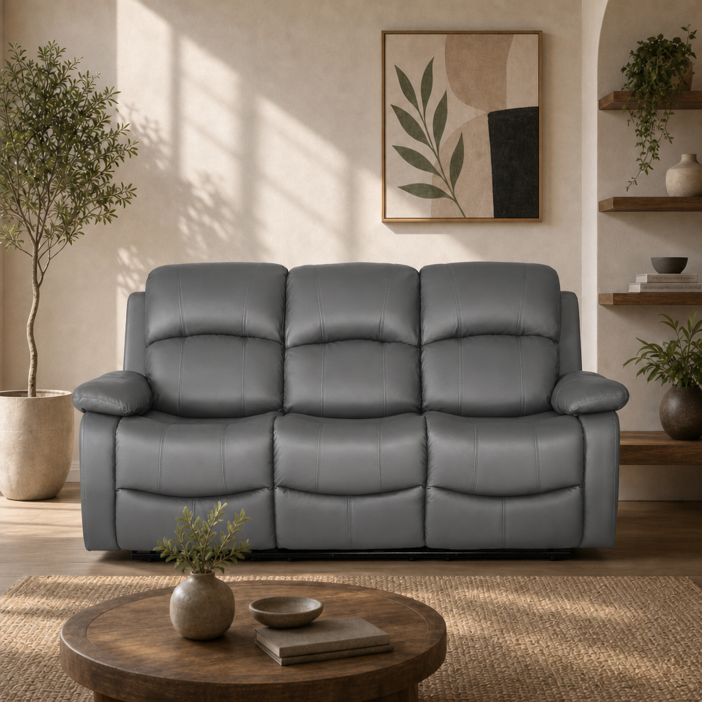 Recliner Sofa Suite 3 Piece, Charcoal Grey Faux Leather, Armchair, 2 Seater and 3 Seater, Manual Reclining Set