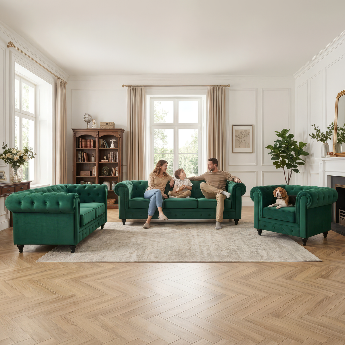 Chesterfield Velvet Sofa Set, Jade Green 2 and 3 Seater Sofas, Button Tufted Back, Scroll Arms and Solid Wood Frame