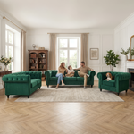 Chesterfield Velvet Sofa Suite, Emerald Green, 3 Piece Set with Armchair, 2 Seater and 3 Seater, Button Back