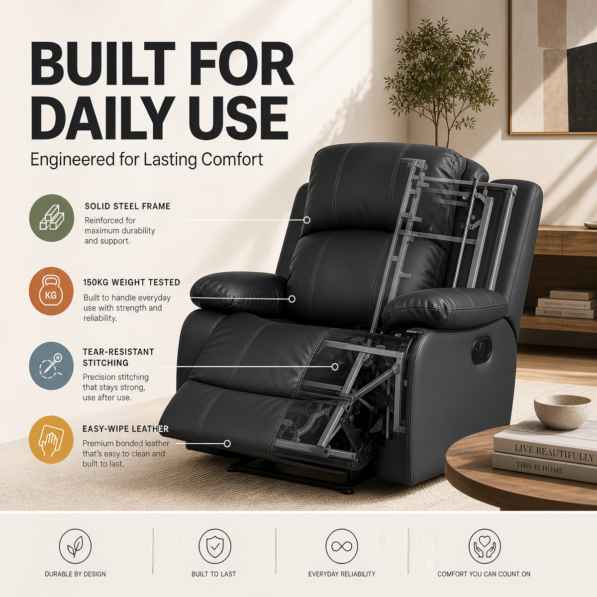 Black Faux Leather Recliner Armchair, Manual Reclining Chair with Footrest, Padded Cinema Style Seat