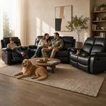 Recliner Sofa 3 Seater, Black Faux Leather, Manual Reclining Couch with Pop-Out Footrests, Wipe-Clean, Steel Frame