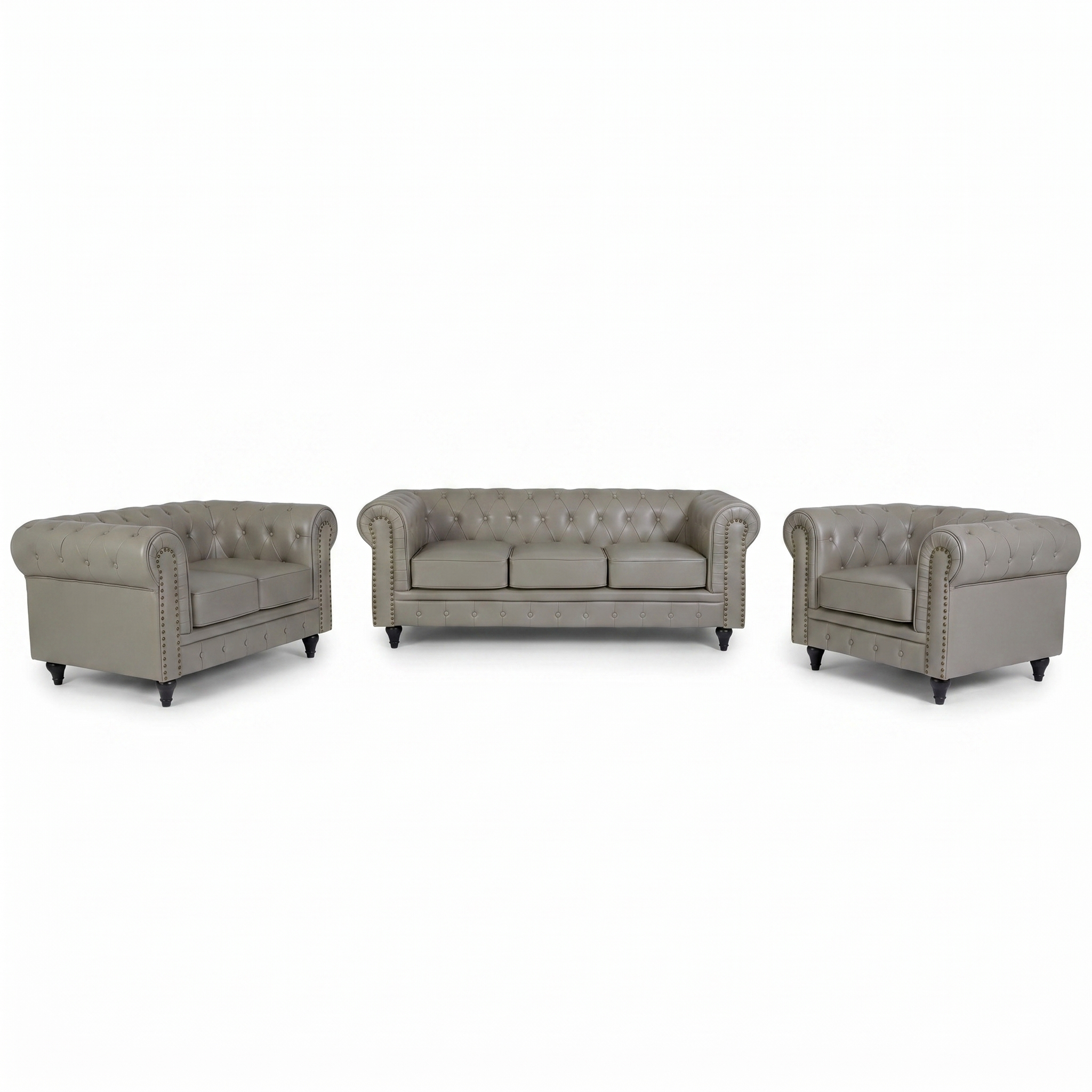 Chesterfield Grey Faux Leather Sofa Suite, 3 Piece Set with 3 Seater, 2 Seater and Armchair, Gold Studs