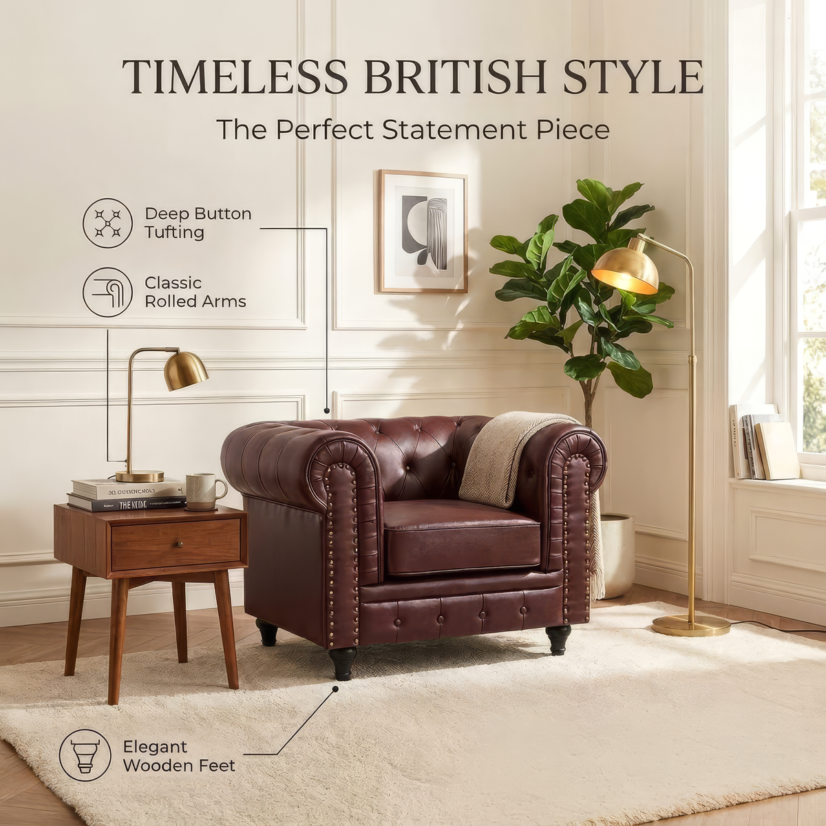 Chesterfield Brown Faux Leather Sofa Suite, 3 Piece Set with 3 Seater, 2 Seater and Armchair, Gold Studs