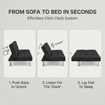 Britney Black Click Clack Sofa Bed, 3 Seater Linen Blend Fabric Settee, Converts to Double Bed, Chrome Legs
