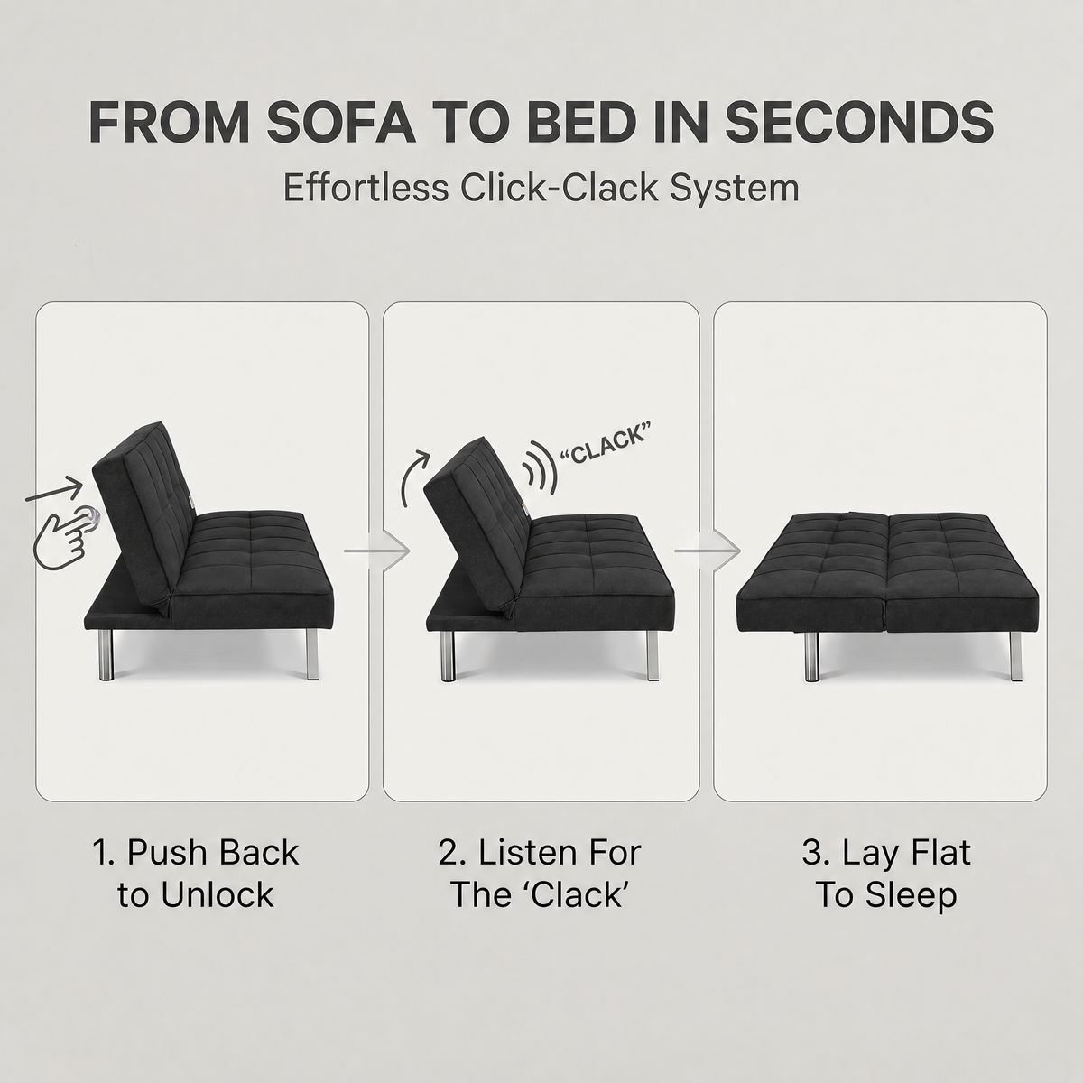 Britney Black Click Clack Sofa Bed, 3 Seater Linen Blend Fabric Settee, Converts to Double Bed, Chrome Legs