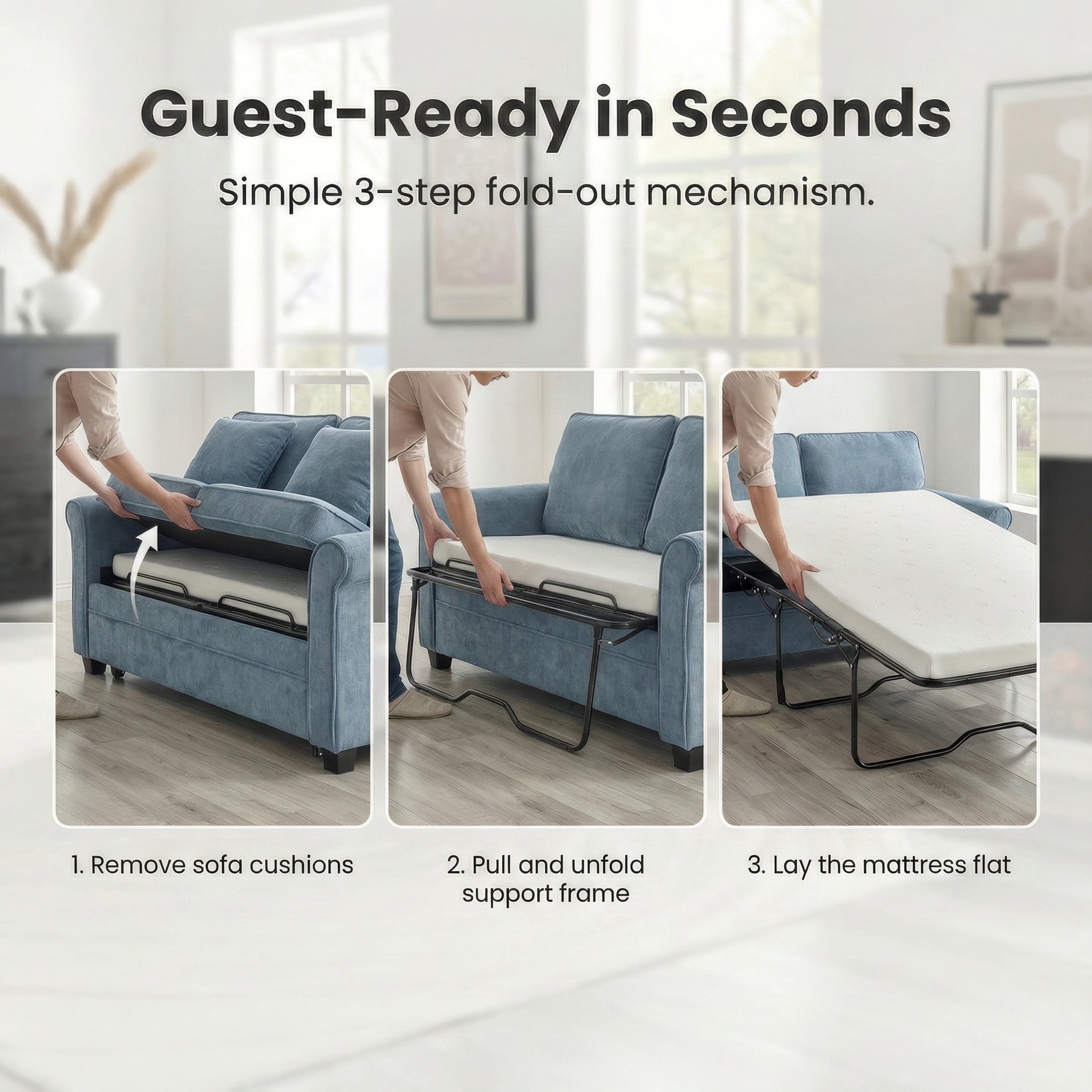 Canapé-lit 2 places Ramy en velours côtelé avec matelas dépliable - Bleu